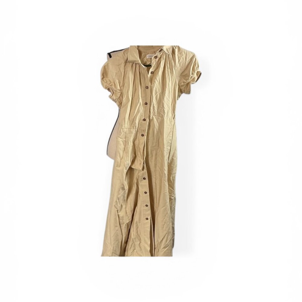 Calvin Klein Beige Button Front Maxi Dress – Puff Sleeve Size 2